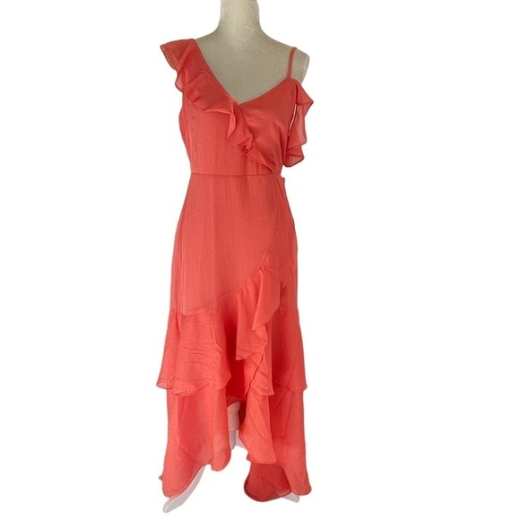 BCBGENERATION Women’s High Low Tiered Ruffled Asymmetric Maxi Dress Coral Size 8 - Picture 2 of 12